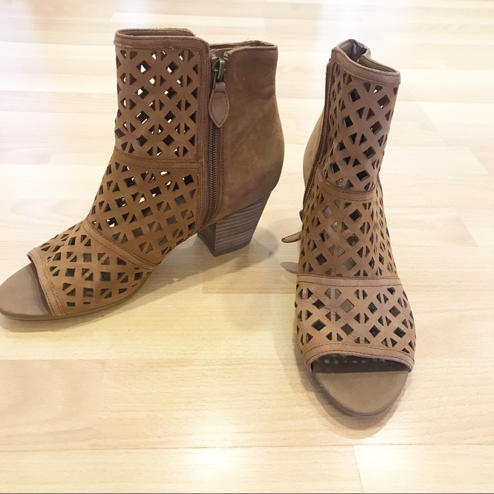 Peep toe booties brown block heel by Franco Sarto